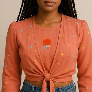 Vintage 70s Orange Embroidered Crop Top Size XS Boho Tie Waist USA